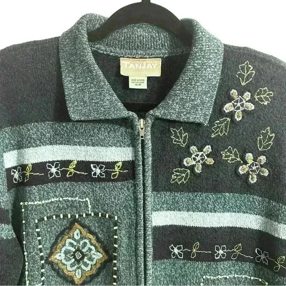 TanJay Petite Teal and Navy Floral Embroidered Zip Up Cardigan Size Medium - Picture 6 of 7